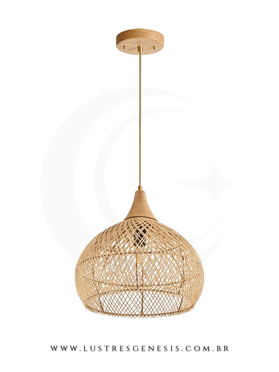 L&uacute;minaria Pendente de Rattan Natural &Oslash;40cm Dourado com Canopla Madeira para Bancada Cozinha &Aacute;rea Gourmet, Lav
